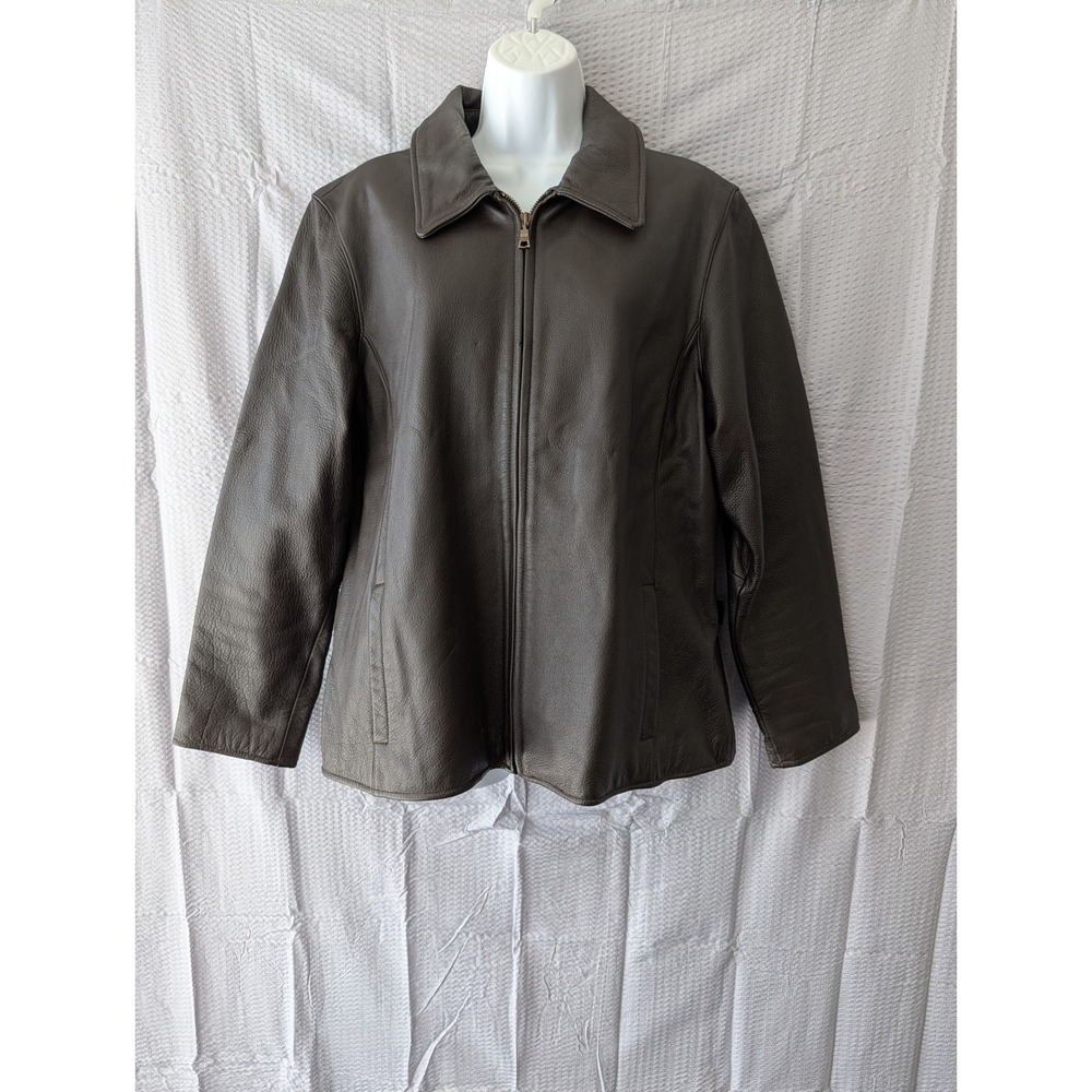 Eddie Bauer Womens Large Dark Brown Pebbled Leather Full Zip Jacket Classic